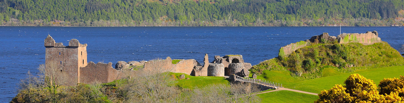 Urquhart Castle ruins on the shore of Loch Ness.